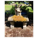 Small Concrete Garden Bench with Boy/Girl Bird Feeder Statue