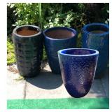 Set of Four 14-19 inch Tall Ceramic Blue Garden Planters