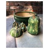 Green Ceramic Planter & Decorative Gourds – Autumnal Garden Styling