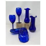 Cobalt Blue Signed Vases, Wine Stemware & Dessert Boats	