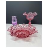 Caithness Crackle Vase & Fenton Cranberry Ruffled Candy Dishes