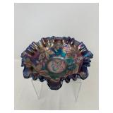 Fenton Holly Pattern Carnival Glass Ruffled Bowl – Blue Iridescent