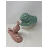 Porcelain Peacock & Rustic Chalkware Lion Planter – Pink & Teal