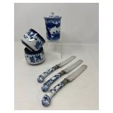 Blue & White Porcelain Containers with Gorham Knives	