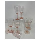Set of 7 Pink Depression Glass Panel Optic Stemmed Goblets