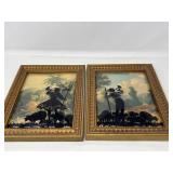 Reverse Painted Convex Glass Shepherd & Shepherdess Silouettes
