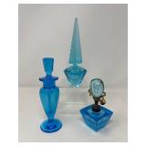 Trio of Vintage Blue Glass Perfume Bottles