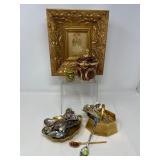 Cranberry Glass, Enamel Trinket, Unmarked Gold Basket & Pickard Leaf