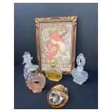 Art Nouveau Print and Five Perfume Bottles