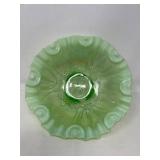 Jefferson Glass Meanser Green Opalescent Ruffle Footed Bowl