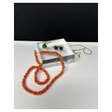 14K Triple Strand Coral, 18K Jade Drop Necklaces & GP Earrings