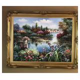 Oil Painting on Canvas Scenic Village on Waterway Art- Signed (46x58)