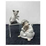 Lladro Angel and Cat with Mouse Figurines, Hand-Painted Porcelain