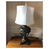 Pair of Mid-Century Bronzed Urn Lamps – Open Cage Design, One Lit