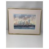 Walter Share Watercolor – 1989 Seattle Waterfront Skyline, Framed