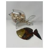 Blenko Style Clear Glass Fish Filled with Shells & Metal Art Fish