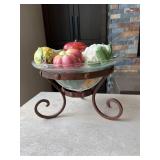 Glass Bowl with Rustic Scrolled Iron Stand–Includes Ceramic Vegetables