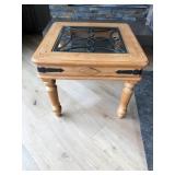 Blond Wood End Table with Wrought Iron and Glass Insert