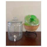Glass Beverage Dispenser, OKO Salad Spinner, Bamboo Bowl & Wire Basket
