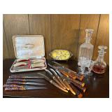 Bakelite-Handled Cutlery & Cut Crystal Carafes