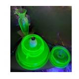 Vintage Green Pressed Glass Collection — Ribbed Vase, Plates & Lidded