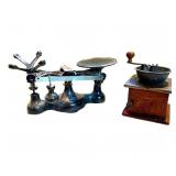 Antique Cast Iron Scale & Early 20th‑Century Coffee Grinder