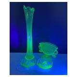 Glowing Green Swung Vase, Candlestick Holders & Serpent Vase