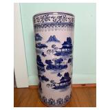 Blue and White Porcelain Umbrella Stand with Landscape Decoration