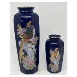 Hexagonal Cloisonné‑Style Enamel Vases with Bird & Floral Motifs