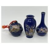 Japanese Blue Ceramic Vases and Bell with Peacock Motifs