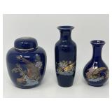 Decorative Blue Porcelain Vases and Lidded Jars – Gold Floral and Bird