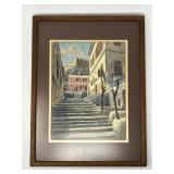Framed Watercolor Street Scene with Stairway — Signed Lower Right