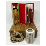 Chinese Calligraphy Tools with Soapstone Ink Pot and Brush Holder