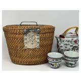 Chinese Export Dragon Teapot & Teacup Set with Lined Basket