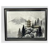 Japanese Embroidered Textile Art – Pagoda, Pines, and Mountain