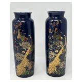 Pair of Hand‑Decorated Peacock Motif Ceramic Vases