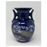 Hand‑Painted Blue Ceramic Vase with Birds, Florals, and Gilt Accents