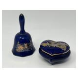 Cobalt Blue Japanese Porcelain Bell & Trinket Box- Floral & Peacocks