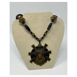 Betty Jensen 1960s Mixed‑Media Necklace - Mexican Brass/Copper Pendant