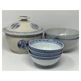 Traditional Blue and White Chinese Porcelain Bowls and Covered Vessel