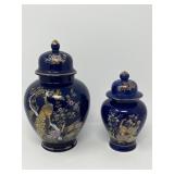 Japanese Cobalt Blue Peacock Lidded Jar Pair