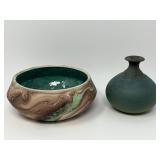 Virginia City, Montana Marbled Art Pottery Bowl & Teal Studio Vase
