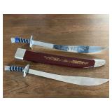 Decorative Twin Swords with Wrapped Handles and Ornate Red Scabbard