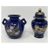 Pair of Decorative Lidded and Handled Ceramic Vases with Peacocks