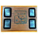 4 ZIPPO LIGHTERS IN WOOD TRAY