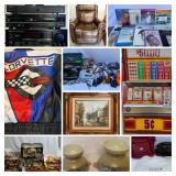 Art, Ballys Slot Machine, NASCAR, Vinyl Records, Antiques, MCM Furniture, Stereo Equipment, More