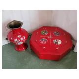 Vintage Asian red enamel vase and box with inlaid mother of pearl