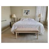 Master bedroom set, King bed, nightstands, vintage brass lamps, signed Asian artwork, bench