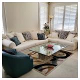 Comfy soft & love seat, glass top coffee table, leather club chair, home decor