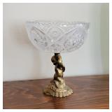 Hollywood Regency brass cherub with cut glass bowl